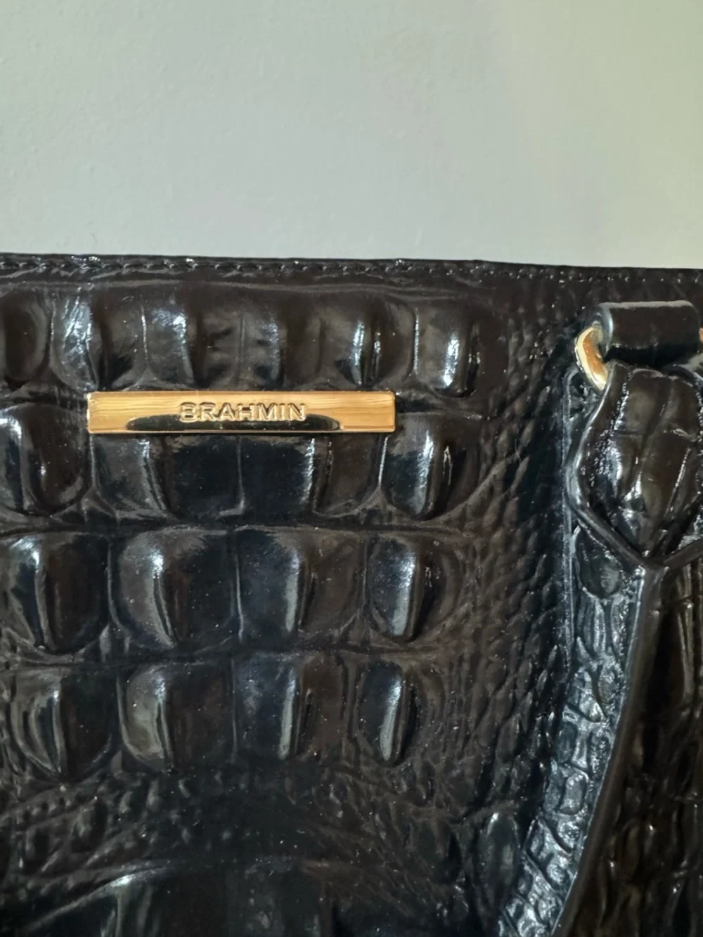 Brahmin Black Croc-Embossed Patent Leather Melbourne Satchel with Gold Accent - Picture 3 of 7
